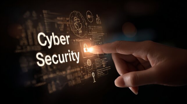 Hand touching a virtual screen with words "Cyber Security" and related icons on a dark background, representing the digital protection concept. Cyber security, an illustration of network