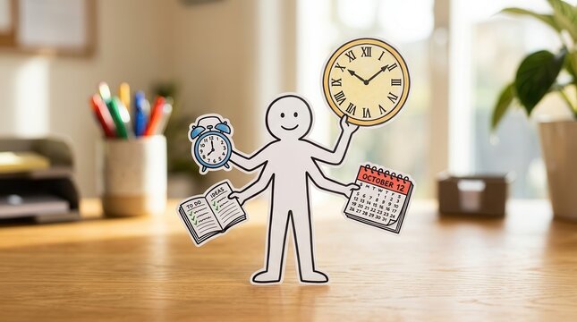 Stick figure managing time with a clock, calendar, and book to improve focus.