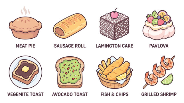 A collection of eight popular Australian and New Zealand food items, including a meat pie, sausage roll, Lamington cake, pavlova, Vegemite toast, avocado toast, fish and chips, and grilled shrimp.