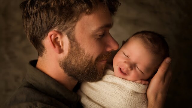 Father holding newborn baby close.