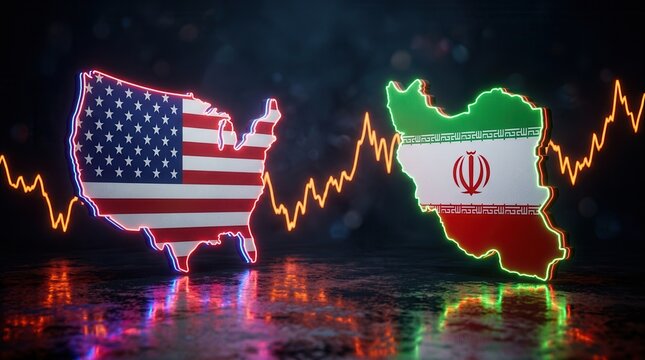 Stylized map silhouettes of the United States and Iran with illuminated borders symbolizing geopolitical dynamics.