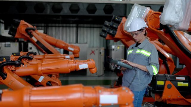 Engineer inspecting robotic arms in an industrial setting