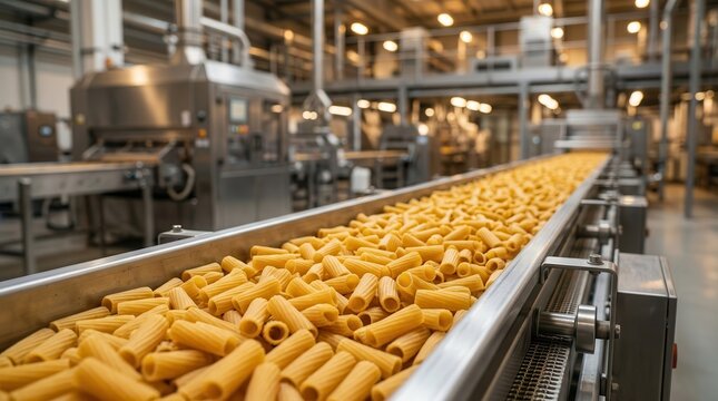 Rigatoni pasta moving along a conveyor belt in a food processing plant