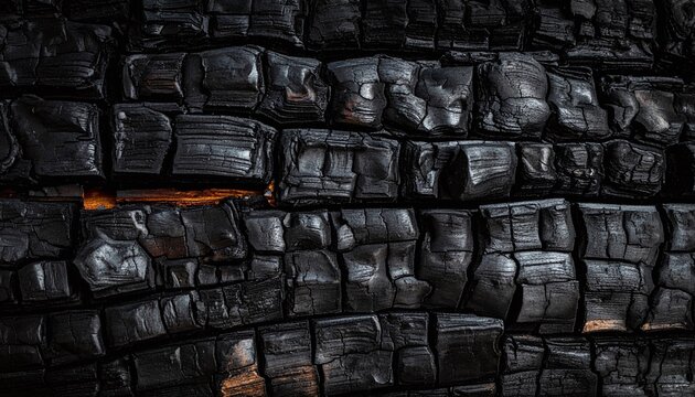 Dramatic charred wood texture featuring carbonized black blocks and subtle orange highlights. This powerful macro image represents destruction, resilience, and raw elemental beauty.