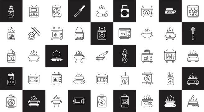 Collection of cooking and heating appliance on black and white background stove oven