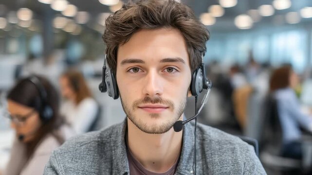 A relaxed call center employee practices mindfulness during a break, sitting at his desk with eyes closed. The modern office background highlights a professional and serene atmosphere