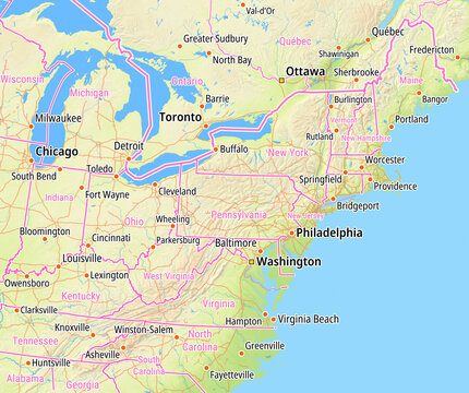 Map of the State Pennsylvania (United States of America) and a large area of neighboring states for small print size. With relief representation and some placenames in medium fontsize.