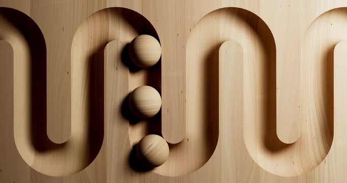 Wooden balls roll through a curved geometric track in a minimalist abstract composition.