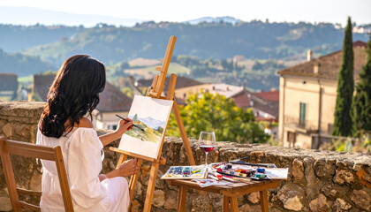 Obraz premium An artist paints a scenic landscape on a sunlit terrace with wine. This image evokes creativity, travel, and leisure, beautifully capturing the artistic spirit of Mediterranean themed content.