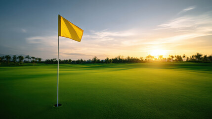 A captivating view of a yellow golf flag waving in the wind with a bright sunlight on the golf course