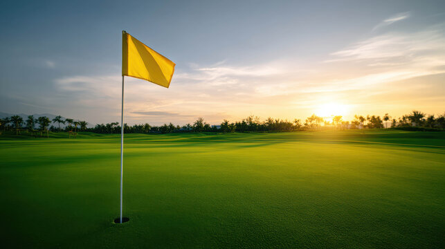 A captivating view of a yellow golf flag waving in the wind with a bright sunlight on the golf course