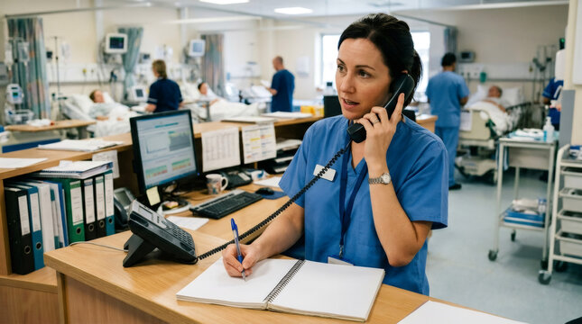 Woman nurse talking on telephone and taking notes at nursing station in hospital ward. Professional healthcare worker managing patient data. Clinical environment and medical occupation.