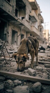 Thin dog scavenges amid rubble in destroyed city