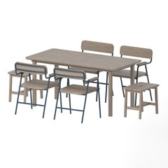 Fototapeta premium Perspective view of antique grey white oak dining set with chairs and bench featuring textured wood and rustic style.