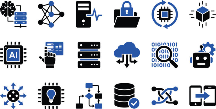 AI, Data Security, and Cloud Infrastructure Icon Set with Server, Blockchain, Robot, and Analytics Symbols for Technology, IT, and Machine Learning Projects