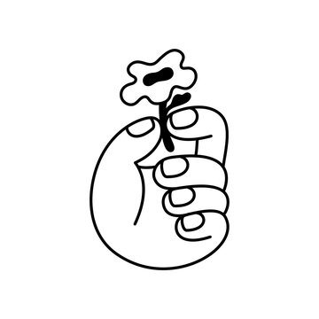 Vector hand drawn gesture, doodle sketchy illustration, sign, hand holding flower, gift and present concept