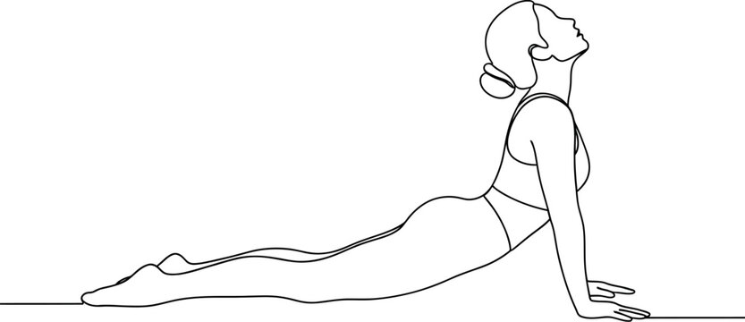Minimalist single line drawing of a woman performing the upward facing dog yoga pose on a plain white background surface