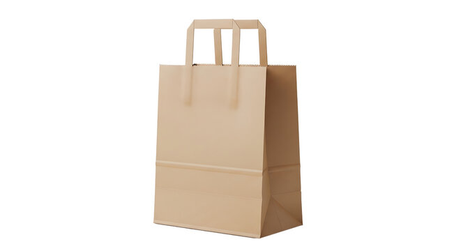 Plain brown paper shopping bag with twisted paper handles on white background
