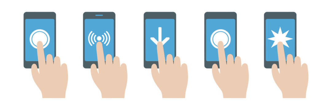 Mobile phone screen touch gestures set, finger tap swipe scroll gesture actions on smartphone screen icons representing modern mobile app user interface interaction controls