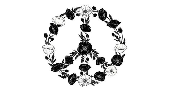 Black and white floral peace sign illustration with poppies.