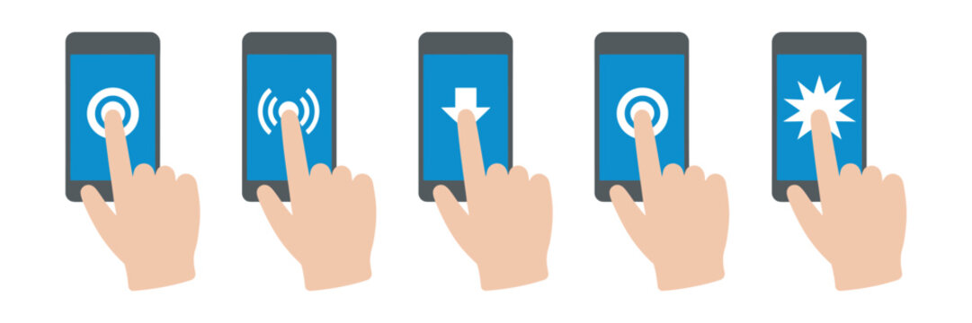 Mobile phone screen touch gestures set, finger tap swipe scroll gesture actions on smartphone screen icons representing modern mobile app user interface interaction controls