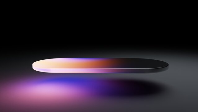 Slim glass plate glowing with neon light gradient over dark background