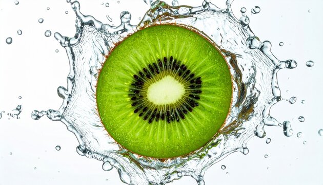 A kiwi fruit slice splashes into clear water droplets on a white surface.