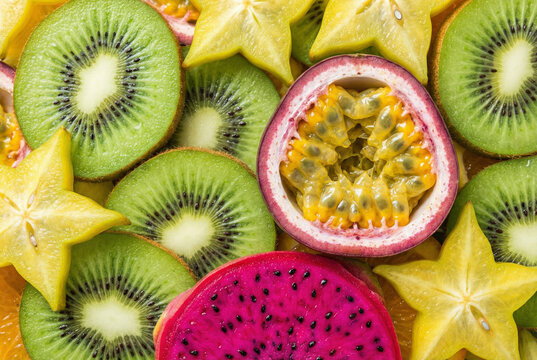 Colorful close-up flat lay of sliced tropical fruits. Fresh kiwi, yellow starfruit, juicy passion fruit, and pink dragon fruit create a healthy background.