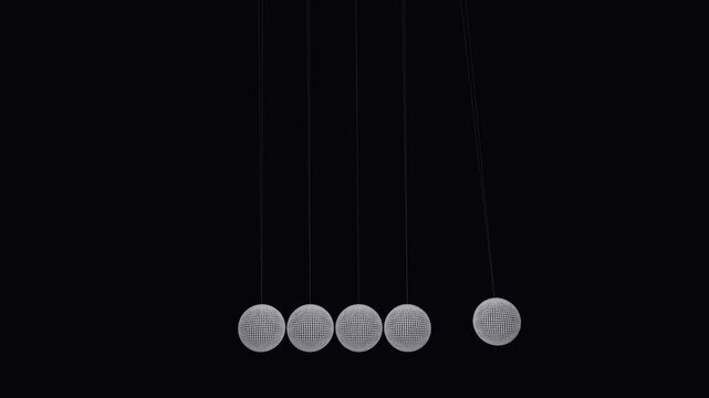 4K wide shot of Newton's cradle pendulum animation. High-quality physics-based loop featuring silver wireframe spheres swinging on a dark background. Concept of motion and energy