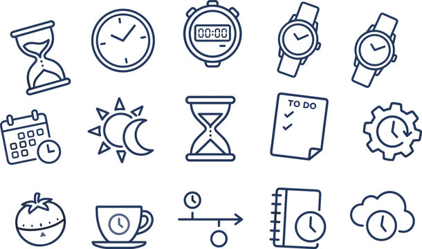 Time Management and Productivity Icon Set with Hourglass, Clock, To-Do List, Pomodoro, and Workflow Illustrations for Digital, Office, and Task Design Projects