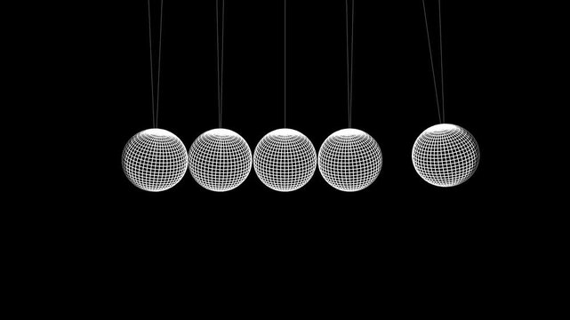 Close-up 4K animation of a Newton's cradle with large silver wireframe spheres. Seamless loop of swinging balls demonstrating momentum and physics laws on a black background.
