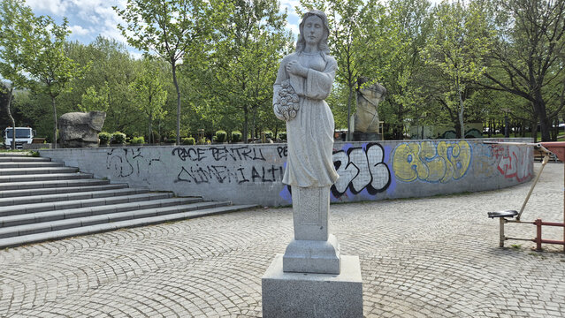 Statue of a woman holding flowers in IOR Park, picture taken on May 5, 2026 in Bucharest, Romania.