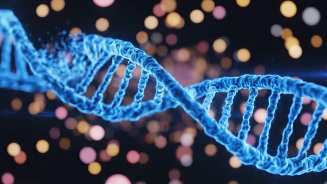 Glowing Blue Dna Double Helix Structure Rotating Through A Dark Space With Vibrant Colorful Bokeh Particles
