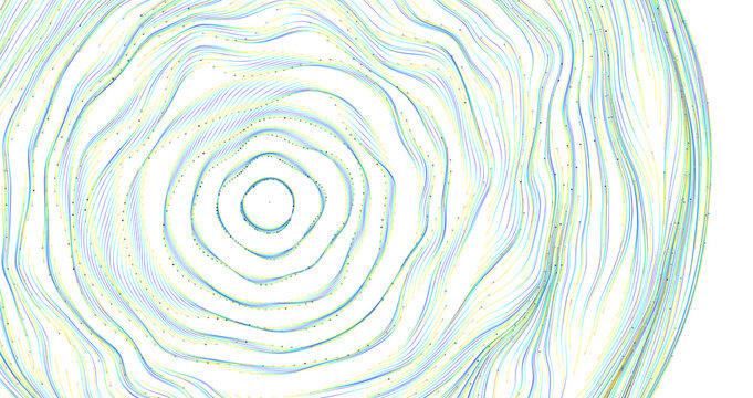 Abstract artwork featuring concentric circles and flowing lines with a blend of colors on a white background. Ideal for