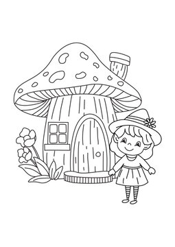 Cute fairy girl with mushroom house outline &ndash; fantasy coloring page for kids
