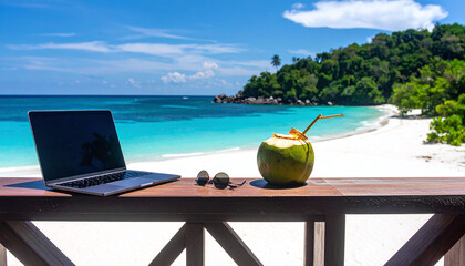 Obraz premium Experience the ultimate digital nomad lifestyle with a laptop and fresh coconut on a tropical beach terrace. Perfect for travel, remote work, and freedomthemed marketing projects.