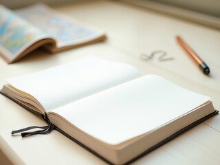 Fototapeta premium Blank notebook and pen on wooden desk with open map in background 