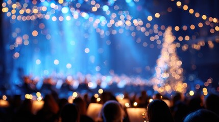 Fototapeta premium Blurred Christmas concert stage with festive lights and holiday mood,