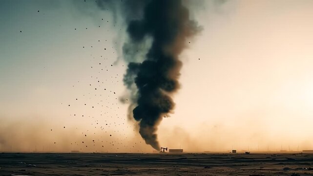 Massive black smoke column and dust devil in desert, symbolizing environmental pollution and industry