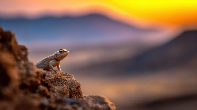 A lizard perched on a rock against a vibrant sunset backdrop highlighting mountain silhouettes