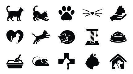 Collection of black and white icons representing various aspects of cat ownership and feline life, including cats in different poses, pet supplies, and veterinary care symbols. © GJ
