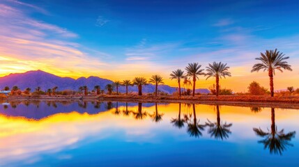 Obraz premium A tranquil sunset reflecting on calm waters with palm trees silhouetted against a colorful sky