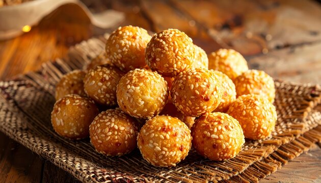 Golden brown crispy sesame balls a delicious fried dessert appetizer presented on a textured surface
