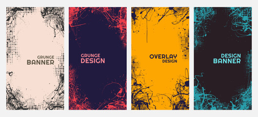 Vector illustration. Vertical grunge retro banners. Messy ink splatters, paint drips, and halftone dots on colorful backgrounds. Retro design for flyers, coupons, leaflets