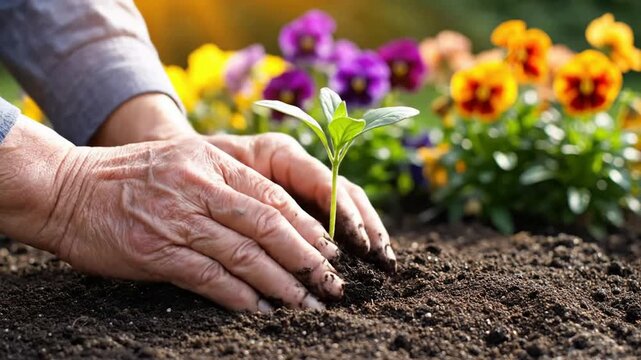 Senior gardener planting young green seedling in rich soil, close-up of hands caring for new growth in spring garden with colorful pansy flowers