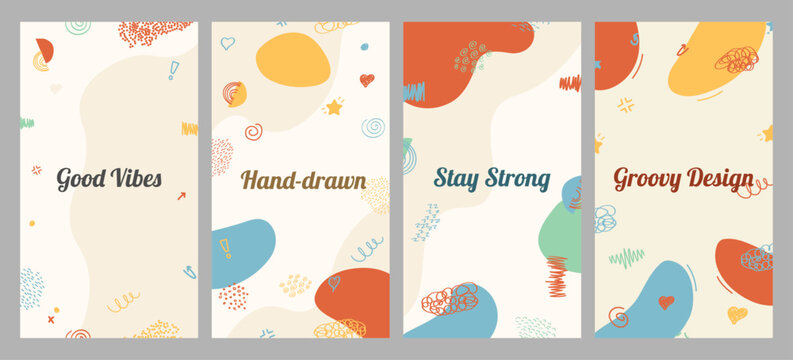 Vector illustration. Four groovy hand-drawn banners. Abstract organic shapes, playful doodles, and vibrant colors. Retro design elements for social media stories, creative posters, and artistic projec