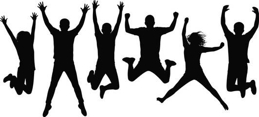 Black Silhouette Happy People Jumping in Air Group Set with Energetic Men and Women for Fun and Celebration Design © sojibislam