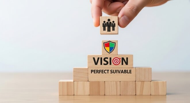 Hand placing teamwork block on vision and suitability pyramid