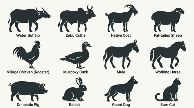 Flat silhouette vector icon set of Asian livestock animals, water buffalo, zebu cattle, native goat, fat-tailed sheep, village chicken, Muscovy duck, mule, working horse, pig side view