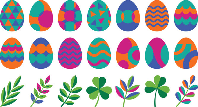 Colorful Easter Egg and Leaf Design Set Featuring Geometric Patterns, Shapes, and Floral Elements for Spring, Holiday, and Decorative Design Projects